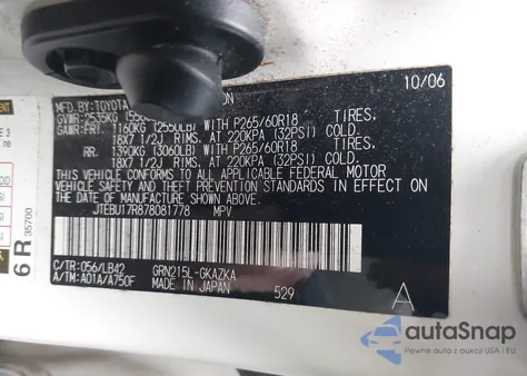 2007 Toyota 4Runner Limited V6 z USA, uszkodzony, nr VIN JTEBU17R878081778